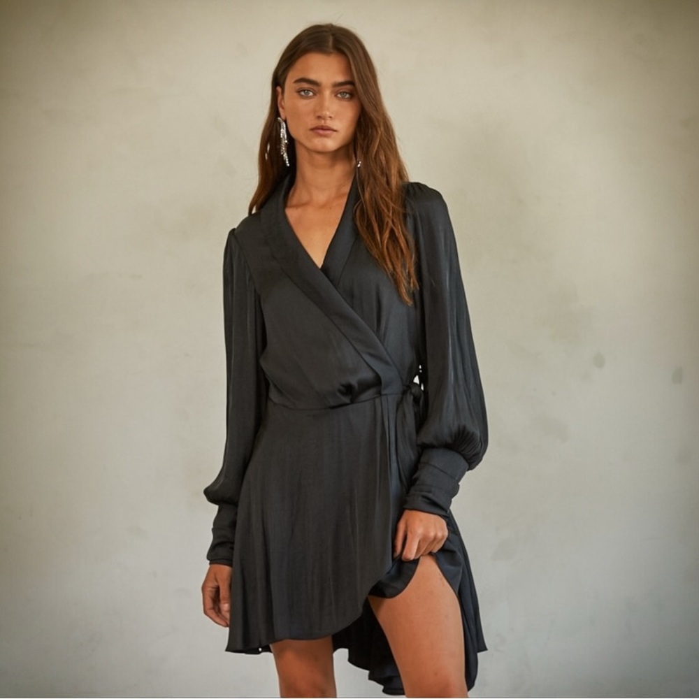 Chic Noir Night Satin Asymmetrical Black Long Sleeve Wrap Dress
